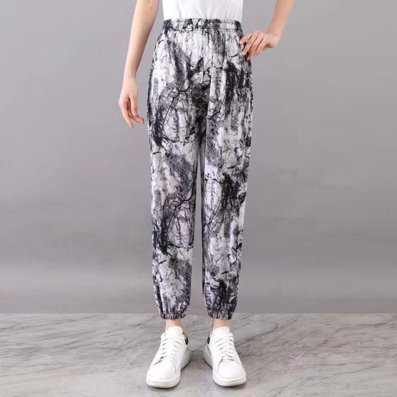 Летние женские брюки с цветочным принтом, брюки-шаровары для мам, брюки с обтачкой ног, эластичные летние брюки больших размеров