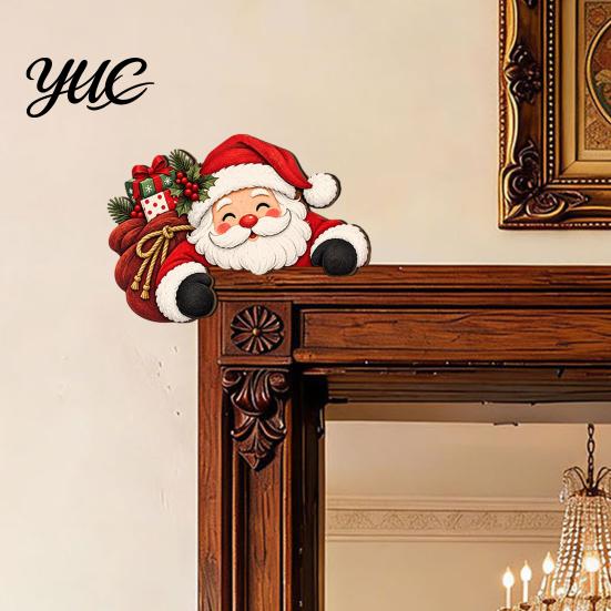 Santa Claus Reindeer Snowman Decor Wooden Christmas Door Topper, 2D Flat Elk Cat DIY Winter Holiday Wall Art Frame Corner Sign, Funny Ornament