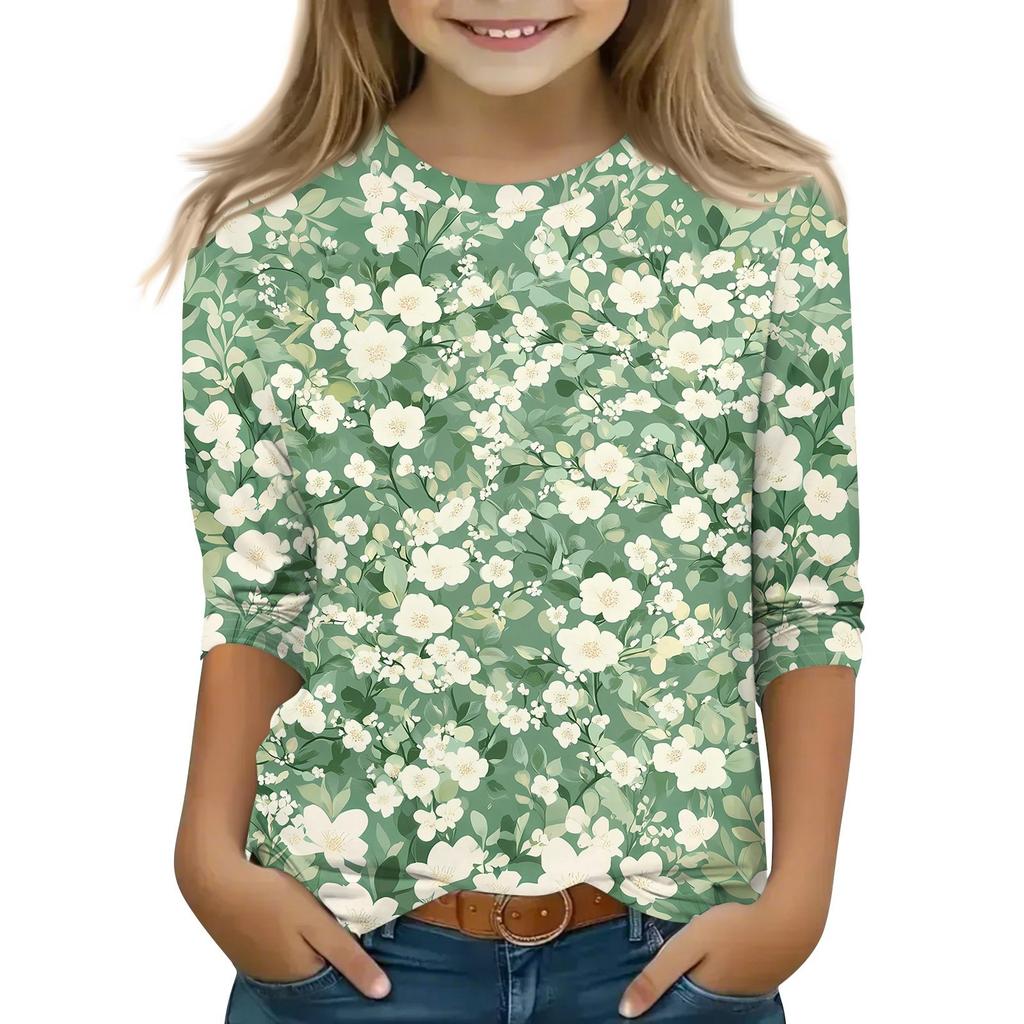 Children's 3/4 Sleeve Tops Casual Print T Shirt Round Neck Pullover Blouse