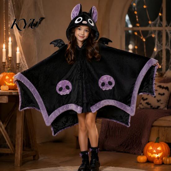Warm Fleece Loungewear Halloween Bat Blanket Hoodie, Plush Wearable Hooded Cartoon Costume Cape, Oversized Sleepwear for Women Animal Cape