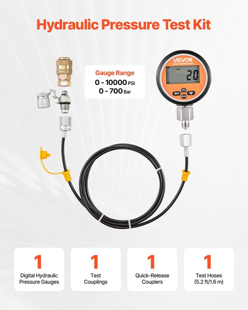 Digital Hydraulic Pressure Test Coupling Kit, 700 Bar Pressure Gauge Manometer Tester with 1 Gauge, 1 Test Coupling, 1 Quick-Release Coupler, and 1