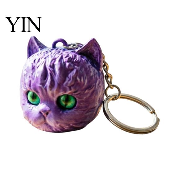 Cat Shaped Ornament 3D Printed Head Keychain, Cute Kawaii Kitten Bag Charm with Pearlescent Finish & Bright Playful Decoration Green Eyes, Lightweight