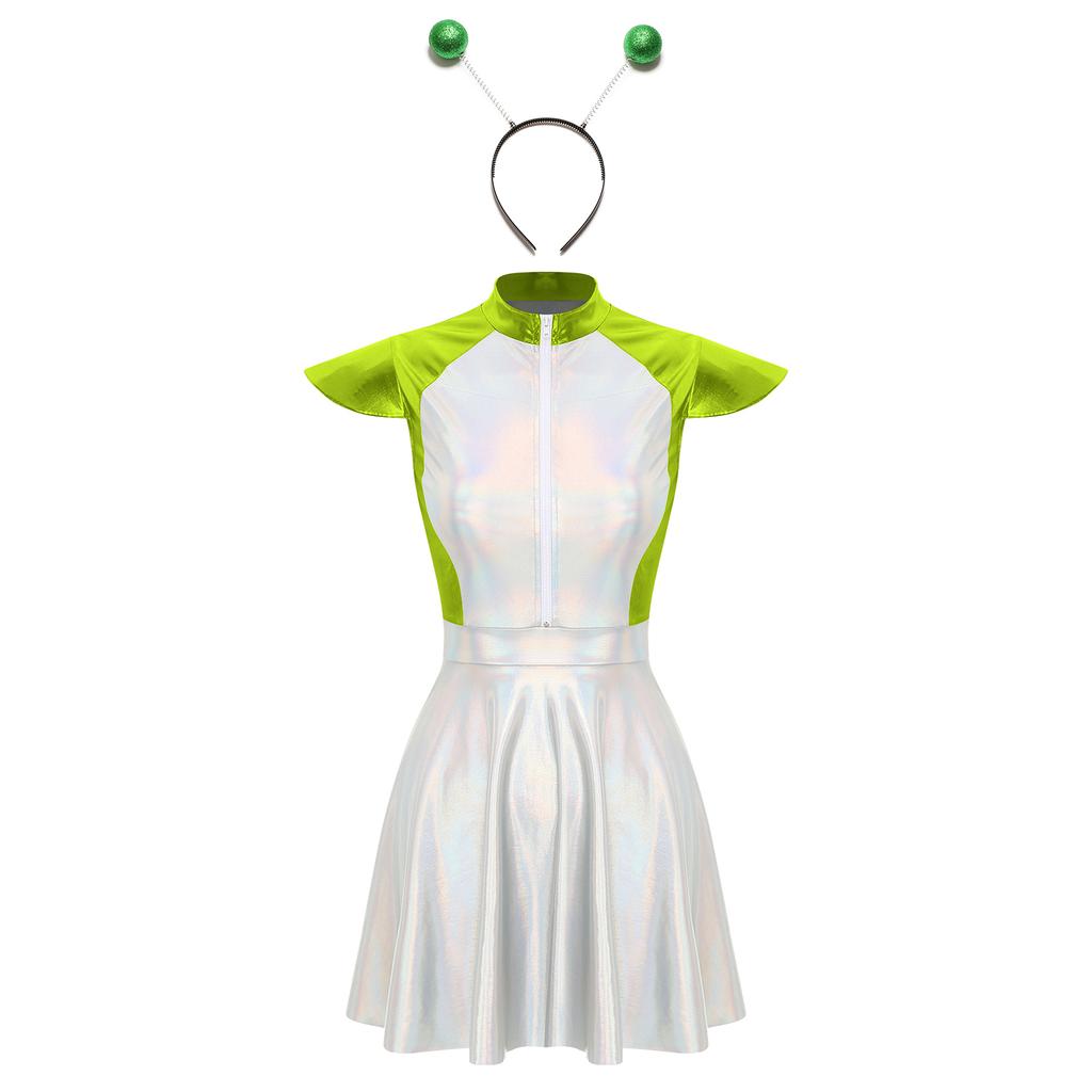 Womens Space Alien Costume Cap Sleeve Cutie Design Outer Space Theme Dress and Hair Hoop