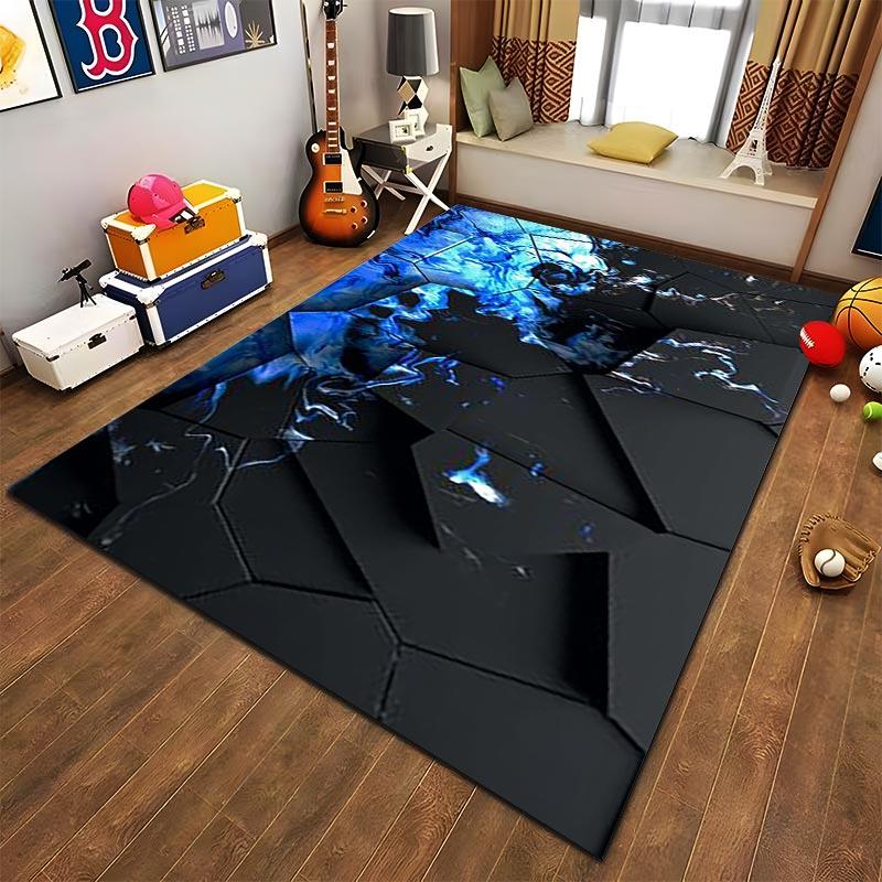 "Modern Abstract Rug With Blue Flame Effect On Black Hexagonal Design" Suitable for use as an anti-slip for living room bedroom sofas