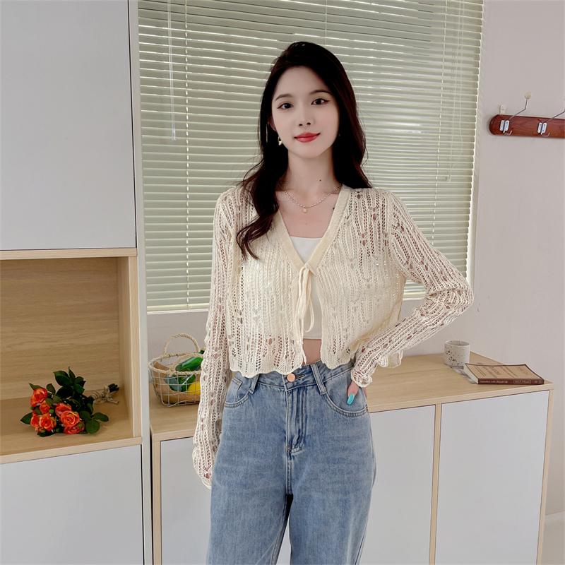 Summer Women's Knitted Shawl Sweaters Lady Hollow Out Tie Up Air-conditioned Shirt Mesh Thin See Through Look Long Sleeve Loose Tops Sunscreen Shirt