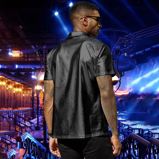 Летняя мужская рубашка с глянцевой поверхностью и отложным воротником, однобортная с короткими рукавами, свободный однотонный топ для вечеринки, ночного клуба, танцевальной уличной одежды