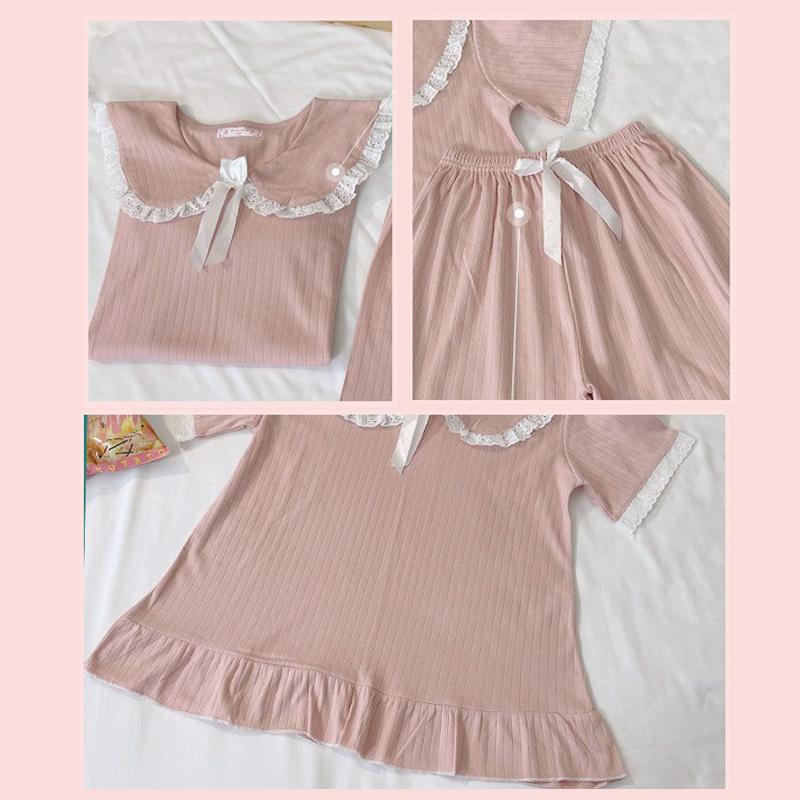 Pajama Women's Short Sleeved Cotton Cute Princess Style Summer Lace Home Clothing Set