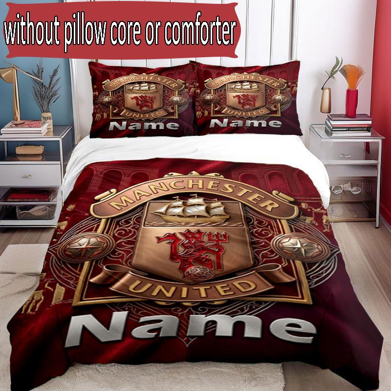 3pcs Duvet Cover Set (1*Duvet Cover + 2*Pillowcase, Without Core), Custom Name Manchester United Pattern Bedding Set, Home Bedroom Decor Gift