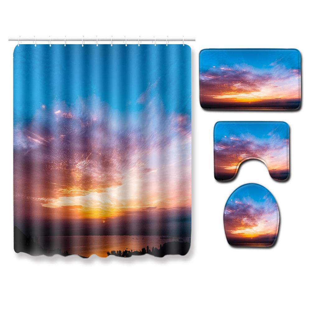Landscape Shower Curtain Floor Mat Combination Four-Piece Set Bathroom Toilet Carpet Shower Room Mat Foot Mat