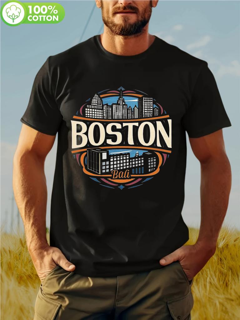 Boston Skyline Graphic T-shirt - Retro Urban Casual Short Sleeve Tee