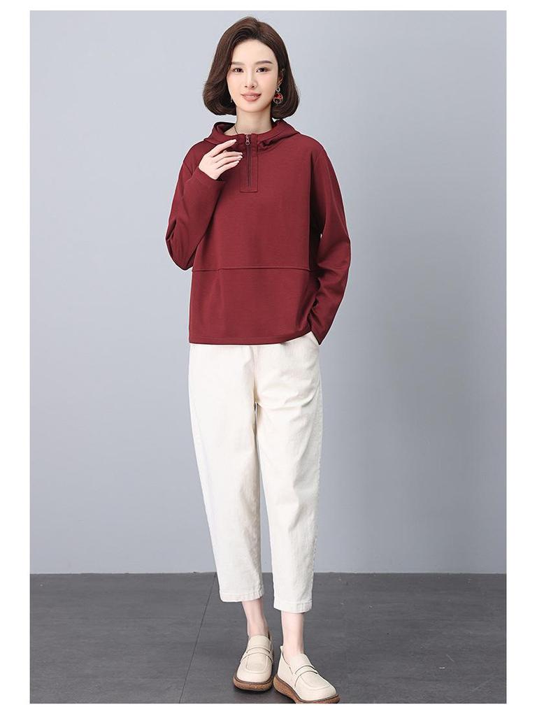 Trendy Hooded Sweatshirt for Middle-Aged Women - Spring/Autumn Patchwork Loose Fit, Plus Size, Long-Sleeve Top