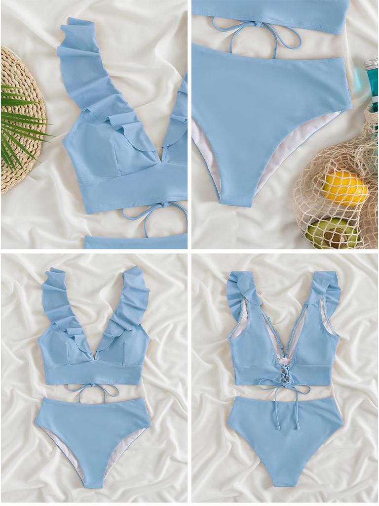 Разноцветное бикини с оборками, V-образным вырезом и высокой талией - Женский европейский и американский пляжный купальник