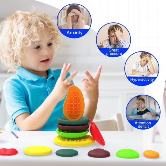 6/12Pcs Silicone Sensory Stone Toy Anxiety Stress Relief Portable Travel Calming Fidget Stone Textured Worry Stone Toy Kids Teens Adults Gift