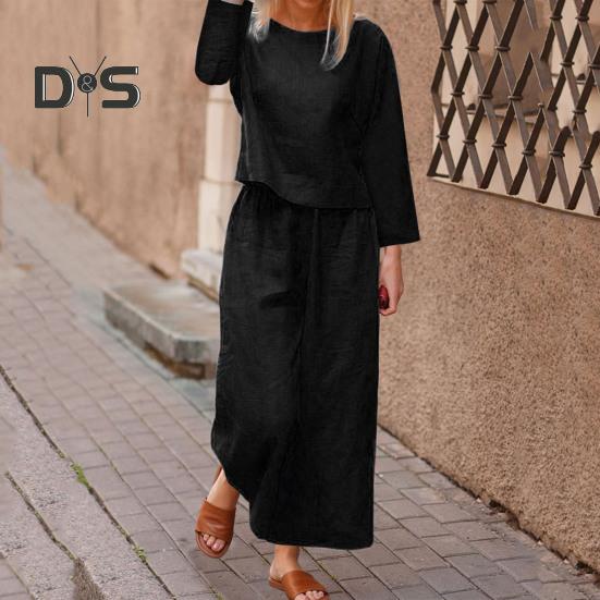 2 Pcs/Set Fall Spring Women Top Pants Set Long Sleeves Round Neck T-shirt Elastic Waist Trousers with Side Pockets OL Commuting Sport Pantsuit Outfit