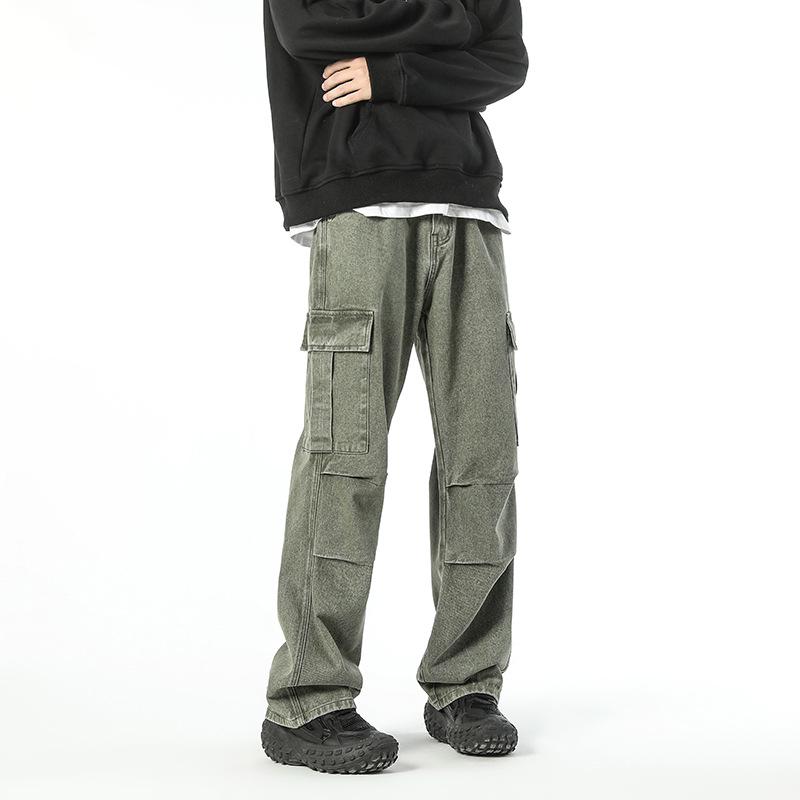 LKTM Мужские свободные джинсы в японском стиле с широкими штанинами и множеством карманов - модный прямой плиссированный комбинезон