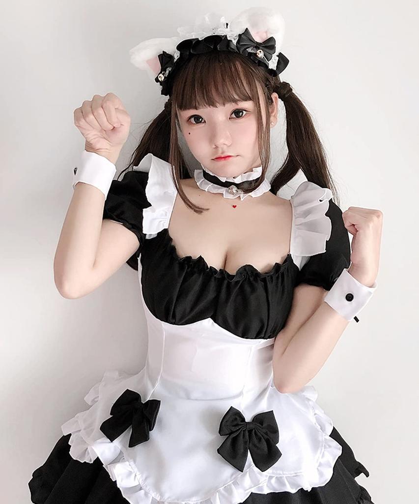 Maid Costume Cosplay Puff Mini Light Black and White Black and White [Milky Time] Dress, Sleeves, Length, Blue, (Includes Ribbon)