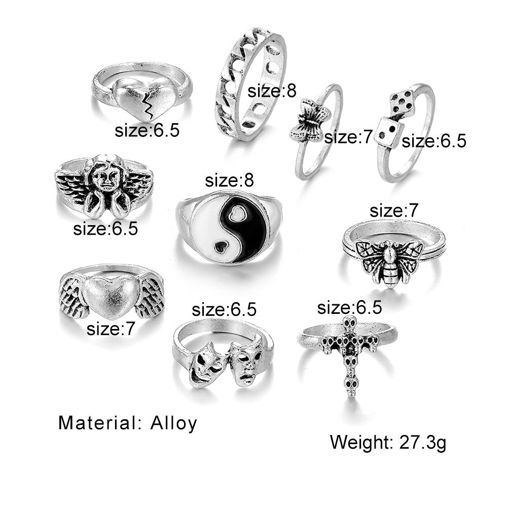 10 шт. набор колец с выдолбленным скелетом Тай Чи и бабочкой в ​​виде ангела любви и креста