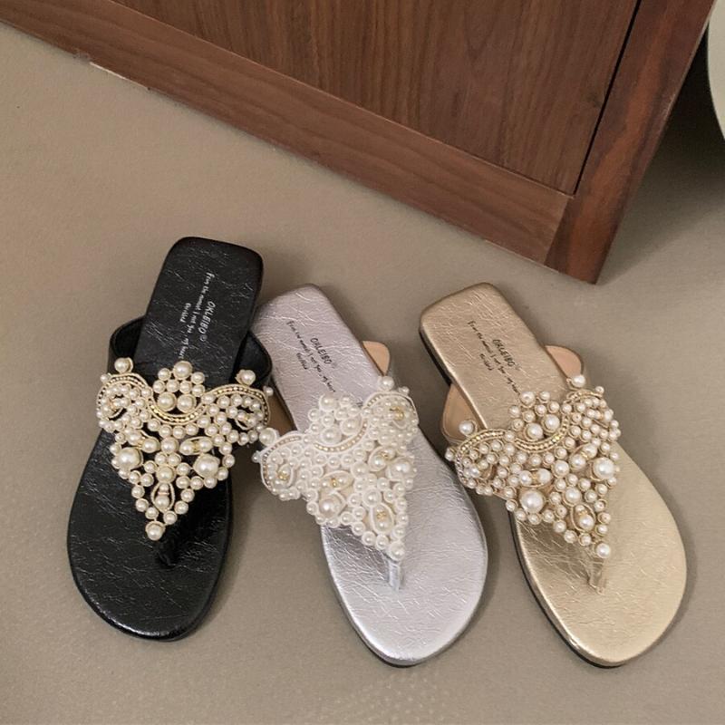 Новая летняя женская обувь 2024, женские тапочки высокого качества, модные однотонные женские туфли на плоской подошве с откидными носками, украшенные жемчугом
