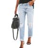 Women Denim Pants with Pockets Ripped Holes Buttons Zippered Placket Slim-Cut Long