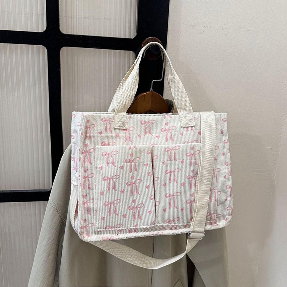 Printied Bow Tote Bag Cute Corduroy Handbag Sweet Travel Bag Travel