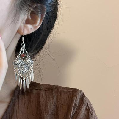 Серьги из тибетского серебра в этническом стиле, женственные, премиум-серьги в стиле ретро с бахромой, преувеличенные серьги из серебра в экзотическом стиле мяо