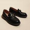 Women's Retro Round-Toe Black Leather Loafers with Metal Buckle: Thick-Heeled, Casual Commuter Shoes for Autumn/Winter.