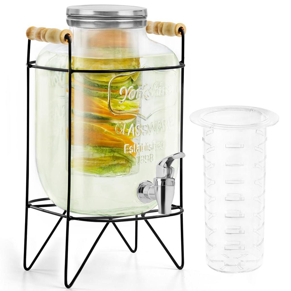 5 Litre Glass Water Dispenser with Tap, Infuser & Stand - Air Tight Lid Detox Water Jar - Mason Jar - Counter Tabletop Juice