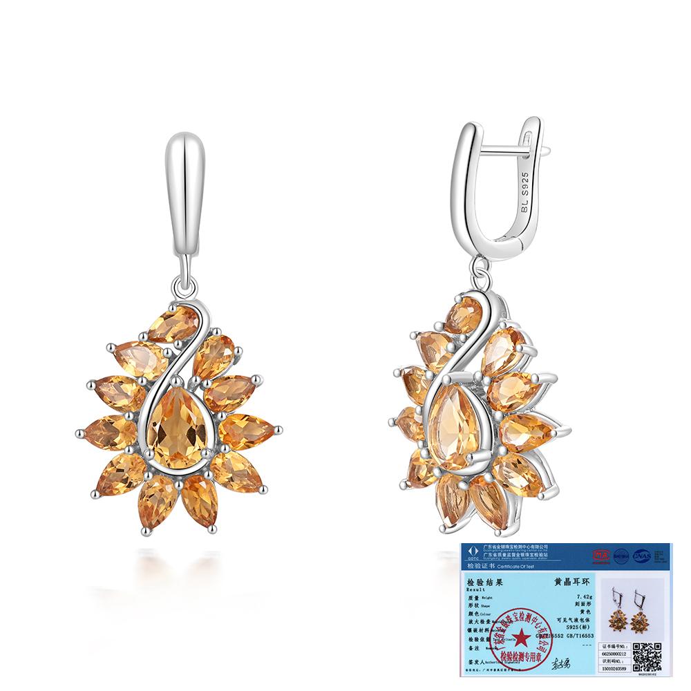 Серьги из стерлингового серебра 925 пробы с натуральным цитрином и драгоценными камнями. Изящные ювелирные украшения. Подарок на годовщину и банкет для женщин.