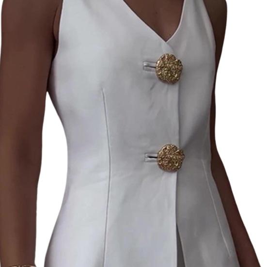 2 шт./компл. женский костюм, жилет и брюки, комплект с V-образным вырезом, жилет без рукавов с двойной застежкой на пуговицы, однотонные брюки с высокой талией, OL, деловой деловой костюм