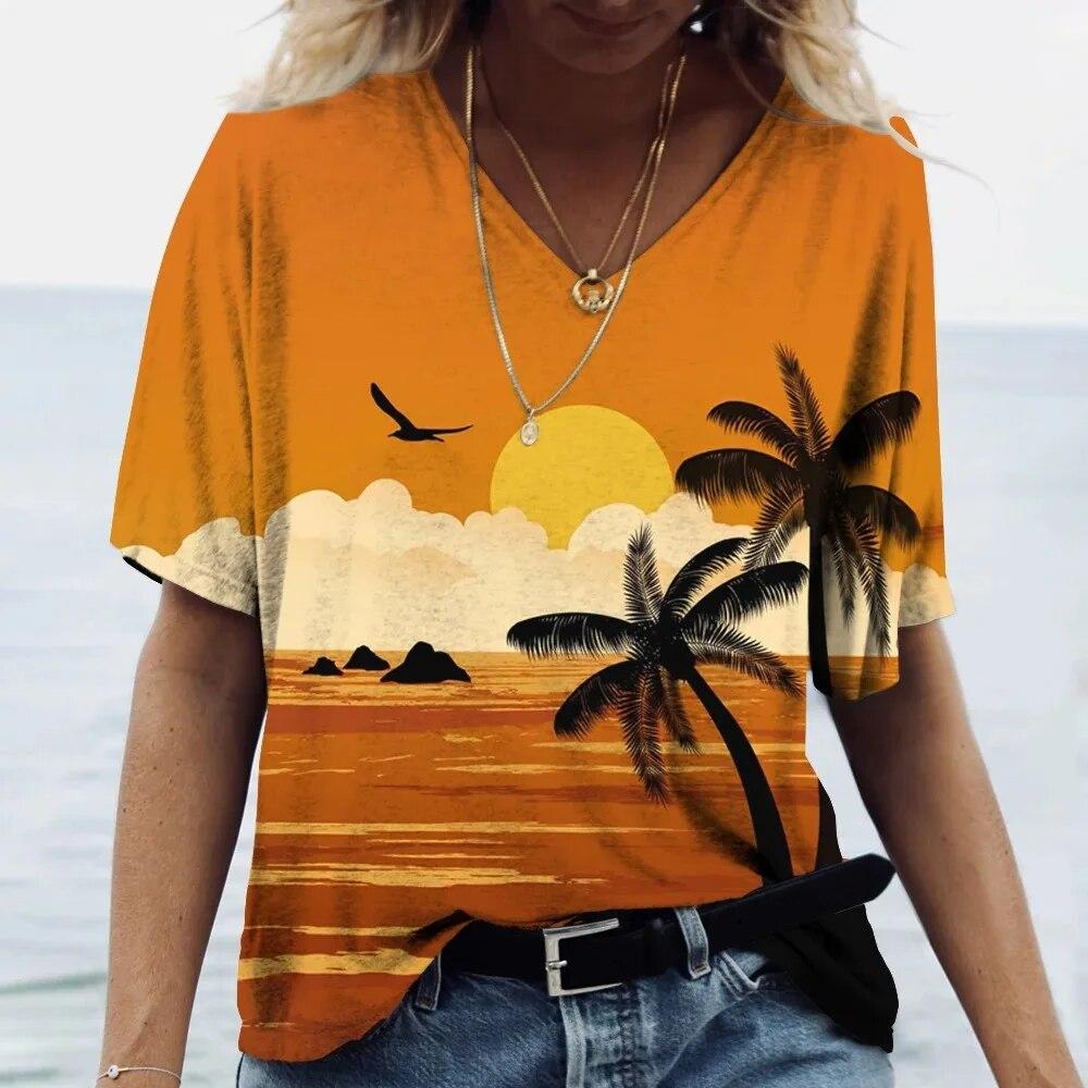 Гавайская футболка, женский топ с v-образным вырезом и коротким рукавом, футболка с принтом кокосовой пальмы, женская одежда большого размера, женский топ для отпуска