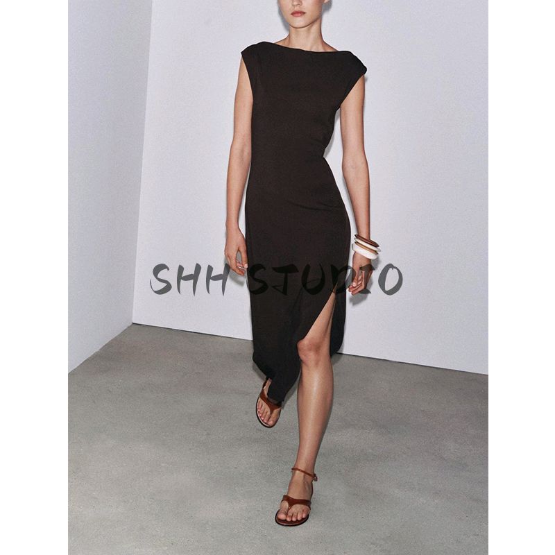 Summer New Product Women's Clothes Drop Shoulder Design Viscose Blended Silm Boat Neck Sleeveless Length Dress 3332376