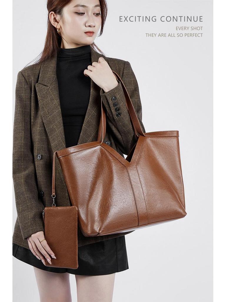 2024 Autumn Korean-Style Genuine Leather Women's Tote and Shoulder Bag, Large Capacity Cowhide Handbag.