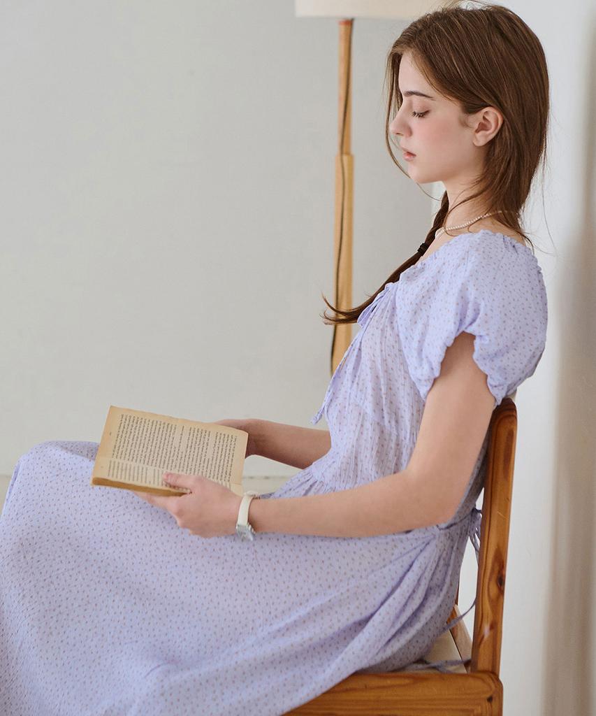 Slow Lolly Blossom Shirring Long Dress - Blue