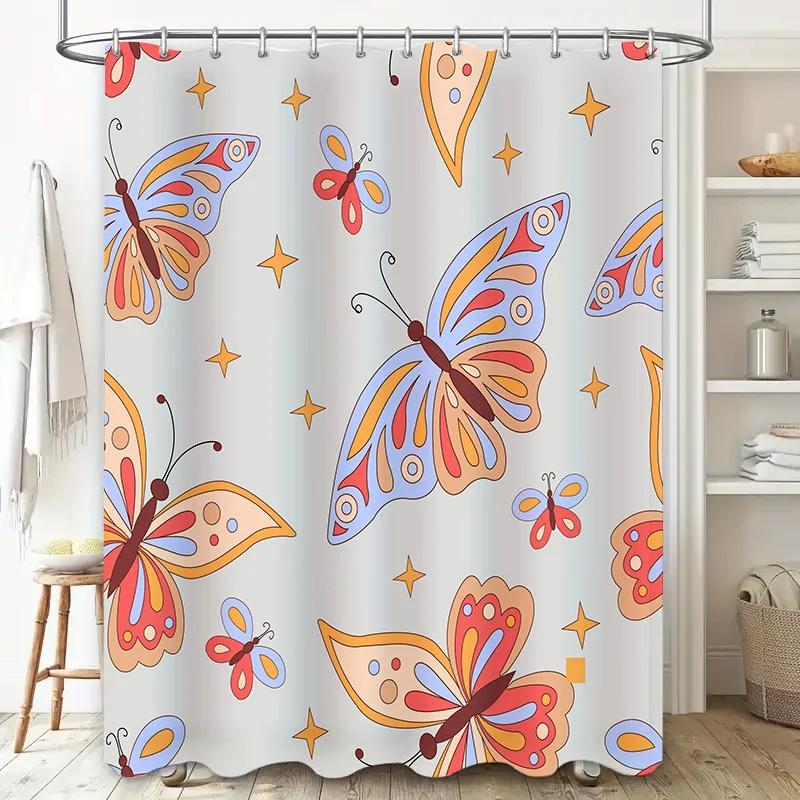 Whimsical Shower Curtain Cartoon Butterfly Print Decorative Waterproof Bath Liner for Kids Bathroom
