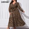 Весна и осень Большие размеры платья женские винтажные V-образный вырез леопардовый принт повседневные длинные платья