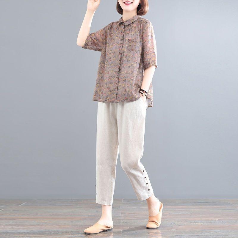 Женская мода хлопок лен 2 шт ретро женский продвинутый принт комплект из двух частей весна лето дамы короткий рукав тонкий костюм