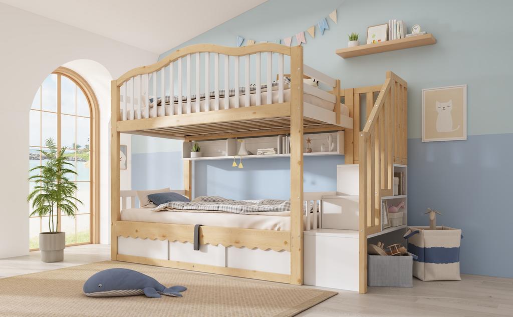 Bunk Bed 90x200 with Hydraulic Storage - Safety Stairs & Shelf, Fall Protection, EN 747-1:2024 Certified, White & Oak, 252x98x170cm
