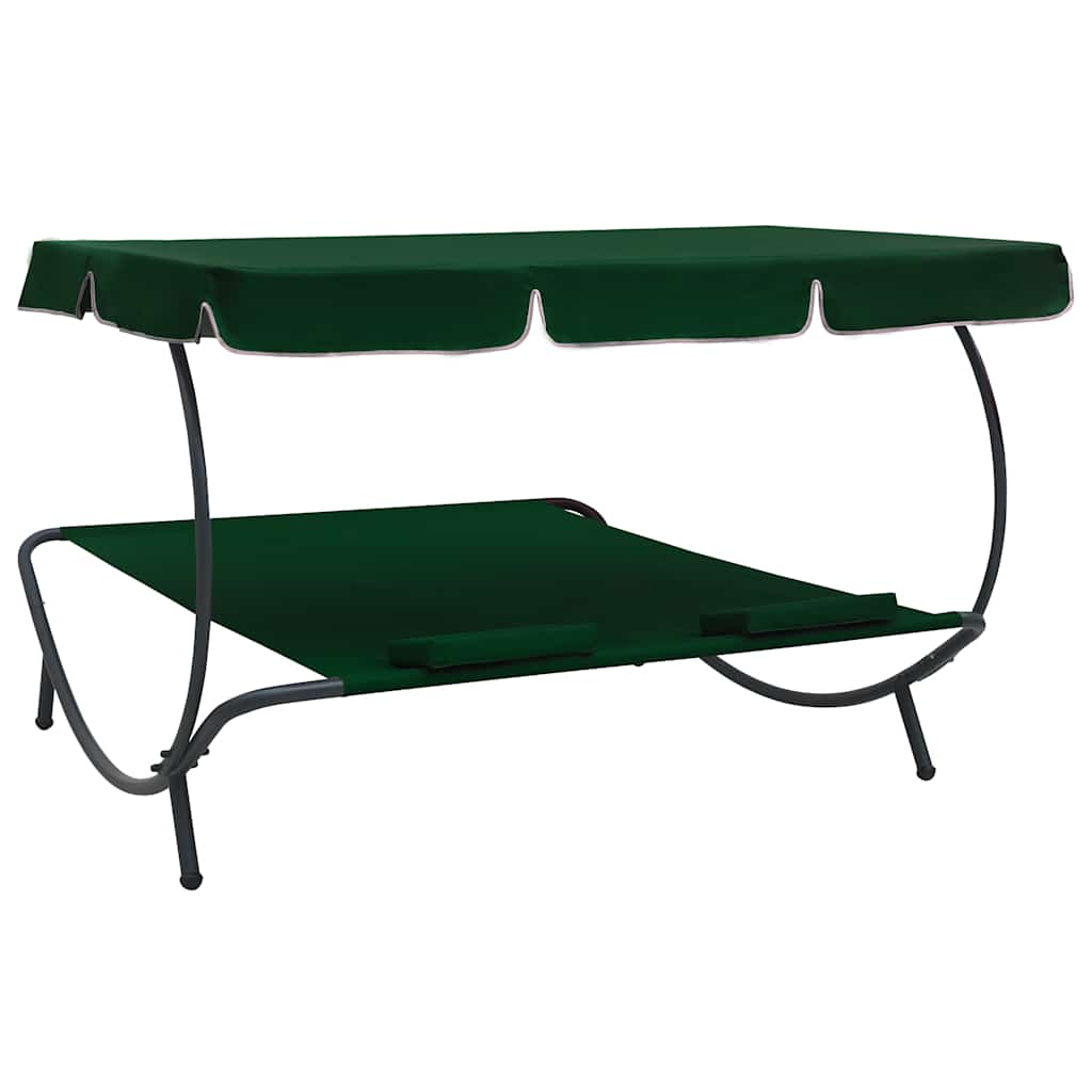 2 Person Sun Lounger with Sun Canopy and Cushions Green