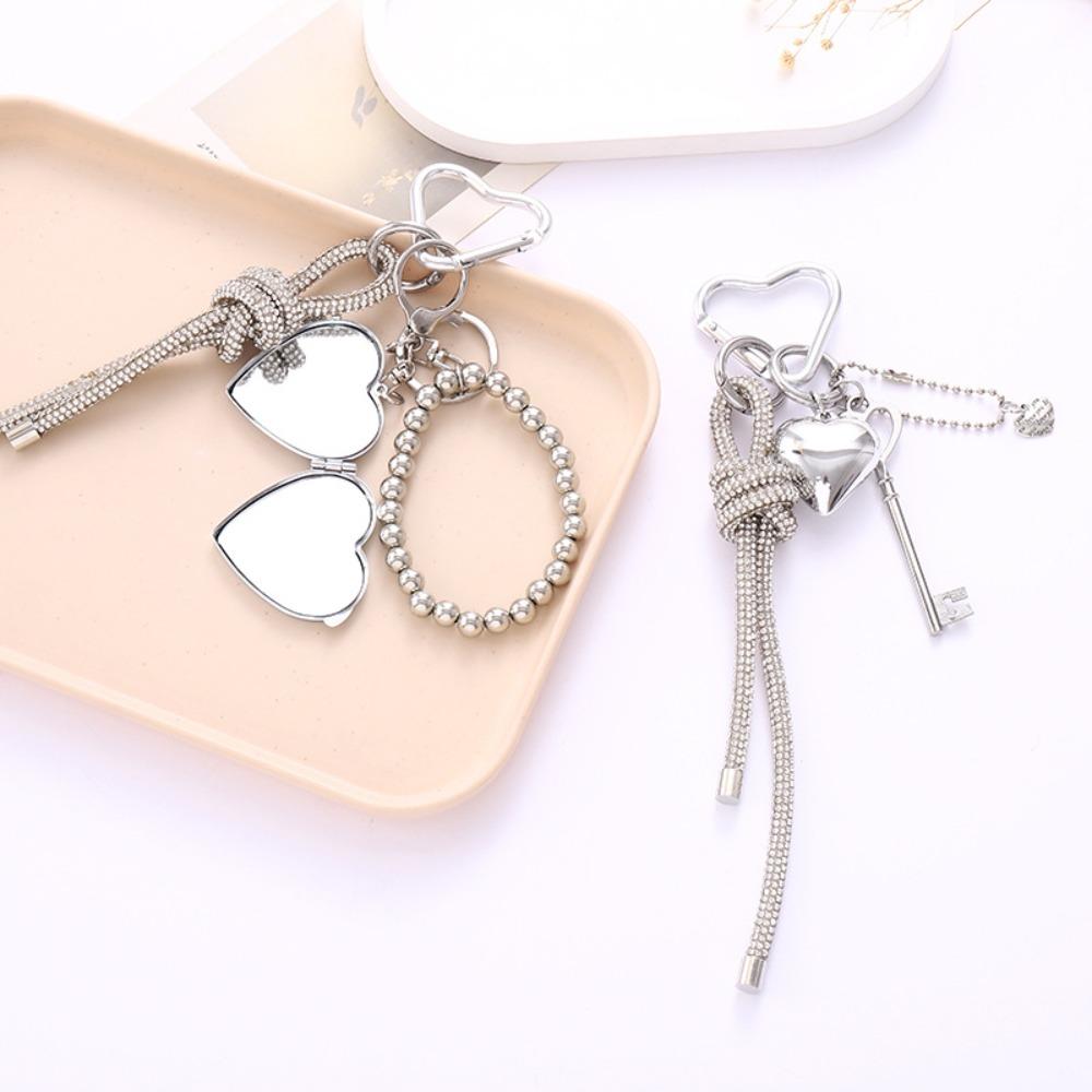 Phone Lanyard Heart Key Keyring Rhinestone Crystal Chain Pendant Mini Love Mirror Keychain Gift