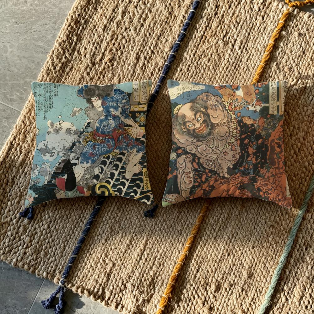 P-Japanese Tattoo Style Cushion Cover Natural Linen Pillowcase Set, All-In-One Decor For Sofa, Bedroom & Chair