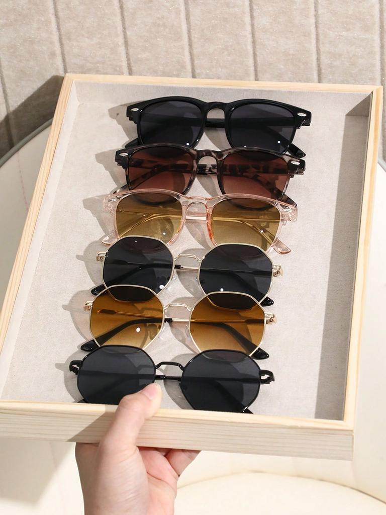 6Pcs Unisex Geometric Plastic&Metal Frame Fashion Sunglasses For Outdoor Hiking Travel