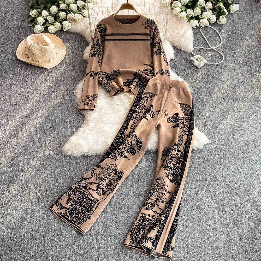 Осенне-зимний элегантный женский комплект одежды для отдыха из 2 предметов, трикотажные брюки, дизайнерский винтажный вязаный свитер с цветочным принтом