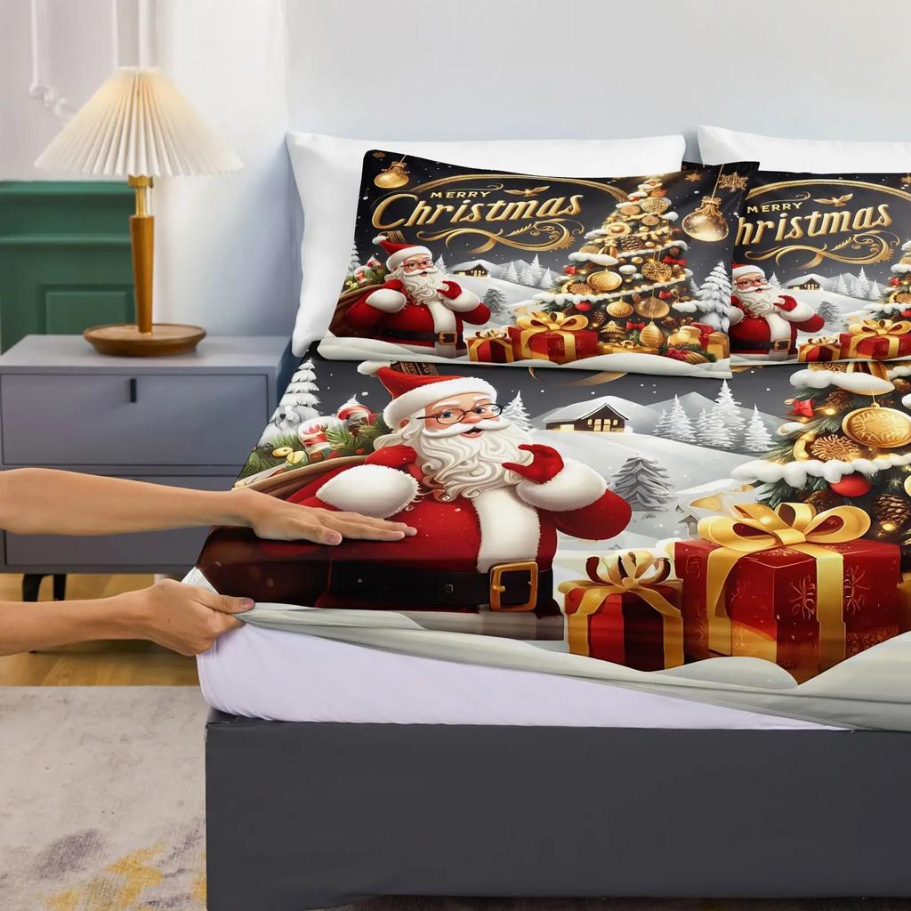 3 шт. 85 г Июль Полиэстер и нейлон Великолепный Рождественский Лунный цвет, Дерево и Санта Цифровой Натяжной Простынный Комплект, Мягкий, Удобный, Кровать
