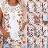 Women's Summer New Fashion Sleeveless Top  Printed Lace Neck Sleeveless Casual Top T-shirt