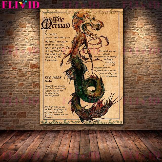 Глубоководная сигнализация и записки русалки Ретро настенная живопись на холсте Половина человека Ипподром и лесной эльф полевой плакат с заметками