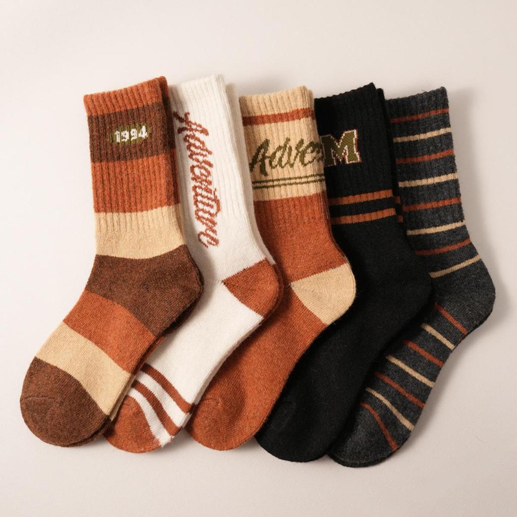 Women's Wool Socks - New Autumn/Winter Korean Striped Mid-Tube with Lettering, Heat-Storage, Warm, Trendy Pile Socks