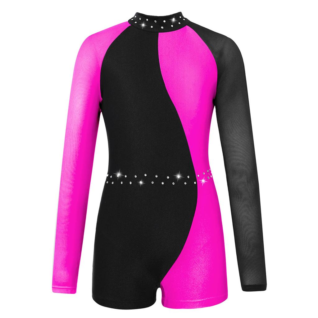 Блестящие стразы для девочек, танцевальный гимнастический купальник, велосипедный трико, сетчатый лоскутный комбинезон с длинными рукавами, боди для балерины