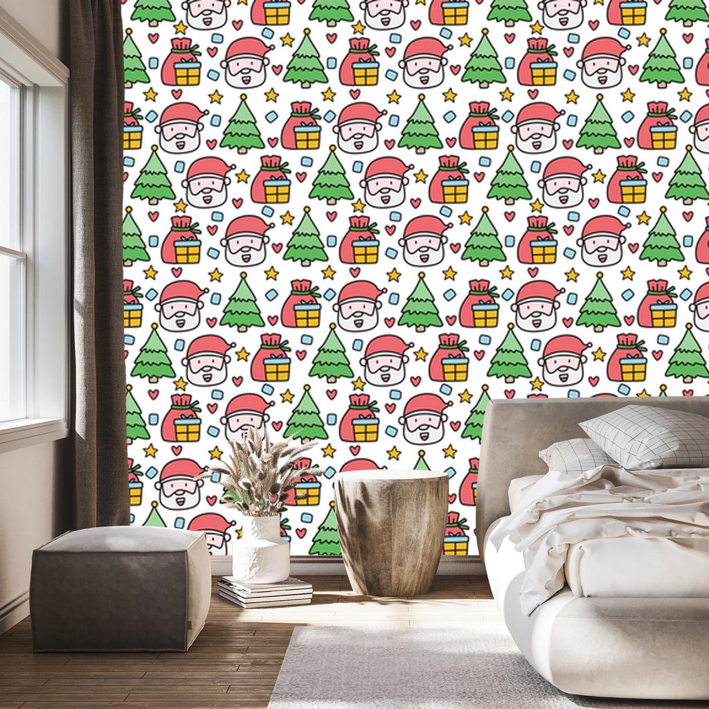 Santa Claus and Christmas Trees Wallpaper White and Light Gray 50x1000
