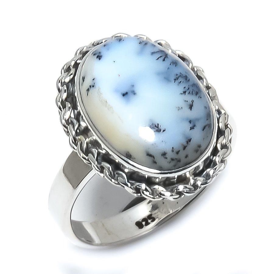 Кольцо из стерлингового серебра 925 пробы с натуральным опалом и дендритом S.7.5 j0c14