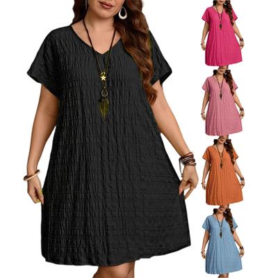 Женское платье Летнее праздничное платье Однотонное V-образный вырез Свободное платье с коротким рукавом